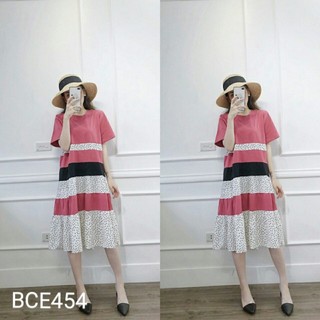 Váy bầu mùa hè chất thun cotton Dambauxinh Đầm bầu công sở dáng suông mẫu suông tầng chấm bi
