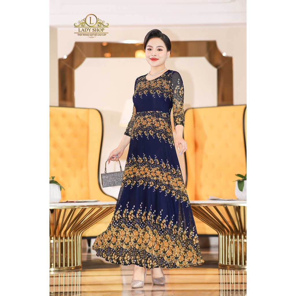 Đầm maxi lưới dập ly hoa nhí Ladyshop thời trang trung niên cao cấp T65