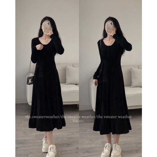 VÁY LEN ZIP GÂN DÀI TAY DÁNG DÀI XOÈ VLZGDT