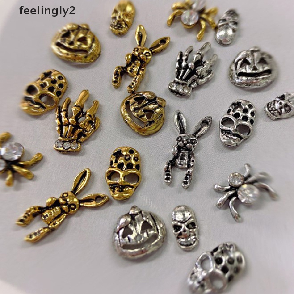 [Hàng Có Sẵn] Set 10 Đinh Tán Kim Loại Mạ Vàng / Bạc Đính Móng Tay Phong Cách Punk Halloween Ch (F)