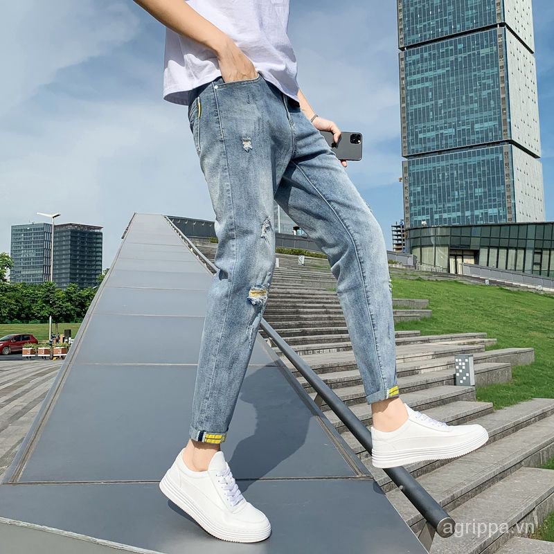 Quần Jeans Dài Phối Vết Rách Cá Tính Thời Trang Cho Nam