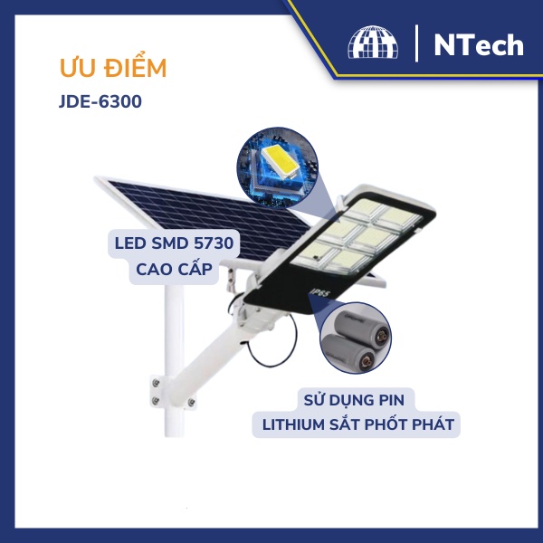 Đèn năng lượng mặt trời - Đèn đường NLMT Jindian JD-E6300 Công suất 300W Khung Nhôm, Chip Led "SMD" - BH 02 Năm