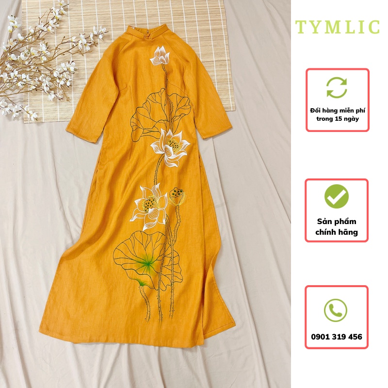 Áo Dài Linen Tưng Cao Cấp Màu Vàng Vẽ Hoa Sen TYMLIC
