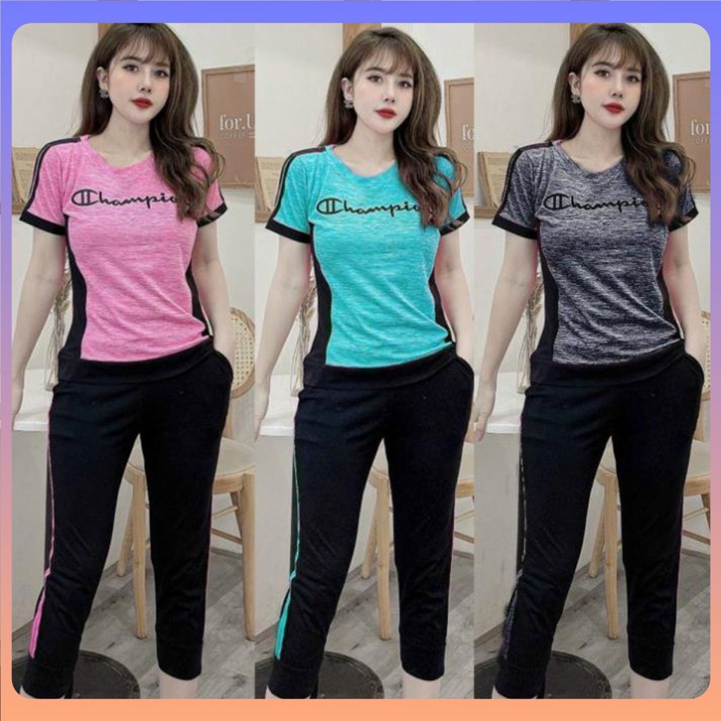 Đồ bộ thun lững nữ đẹp, Set bộ thun ngố form rộng quần đen cổ tròn áo thêu chữ nhiều màu có size lớn từ 42kg đến 70kg