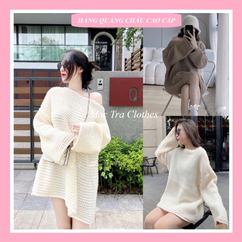Áo len nữ Quảng Châu thiết kế lệch vai dáng rộng thụng siêu xinh, Áo mùa đông nữ rẻ đẹp trẻ trung