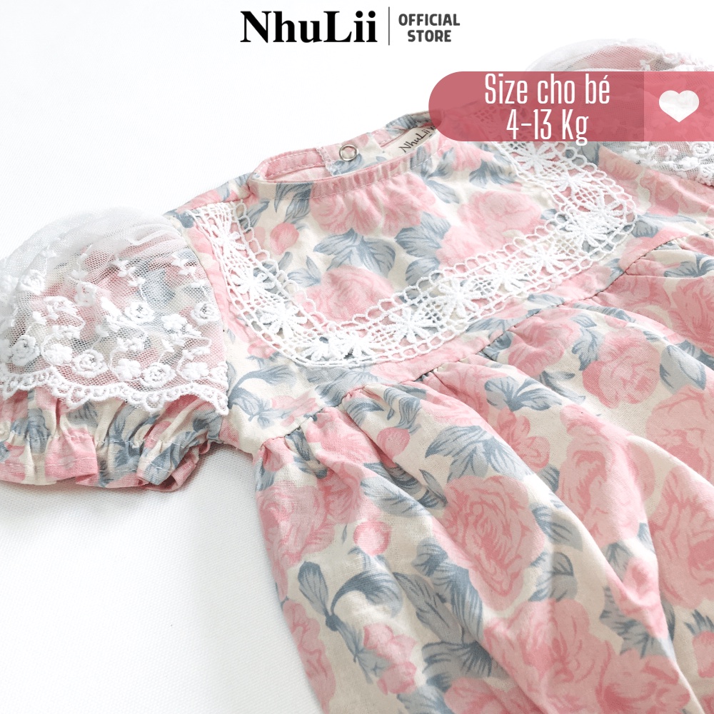 Bodysuit cho bé NHULII đồ liên thân hồng hoạ tiết hoa vải thô cao cấp ren trắng nàng thơ cho bé 4 đến 13 Kg NI042