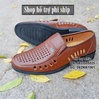 Hỗ trợ Ship- Giày da thật đục lỗ - kiểu giày lười-  dép rọ nam cao cấp chống hôi chân -sunzin ro215
