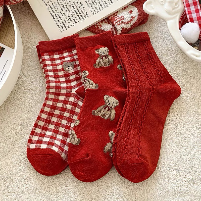 Set Tất Vớ Cao Cổ Nam Nữ Cổ Cao Lolita Gấu Đỏ Hàn Quốc Có Tag Mác Ulzzang Maxshopdoc
