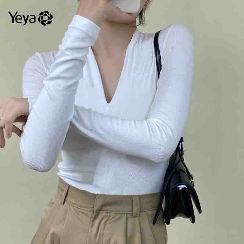 Áo thun YEYA tay dài cổ chữ V thiết kế mới phong cách thời trang cho nữ