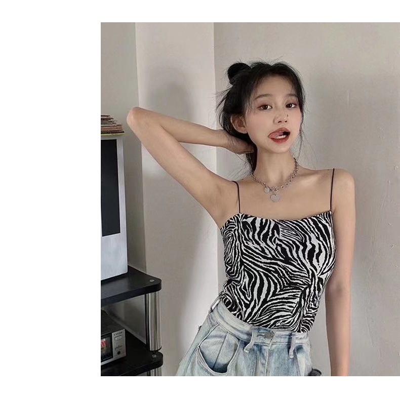 ZHELIHANGFEI Áo Hai Dây Họa Tiết Ngựa Vằn Lưng Cao Quyến Rũ Cho Nữ