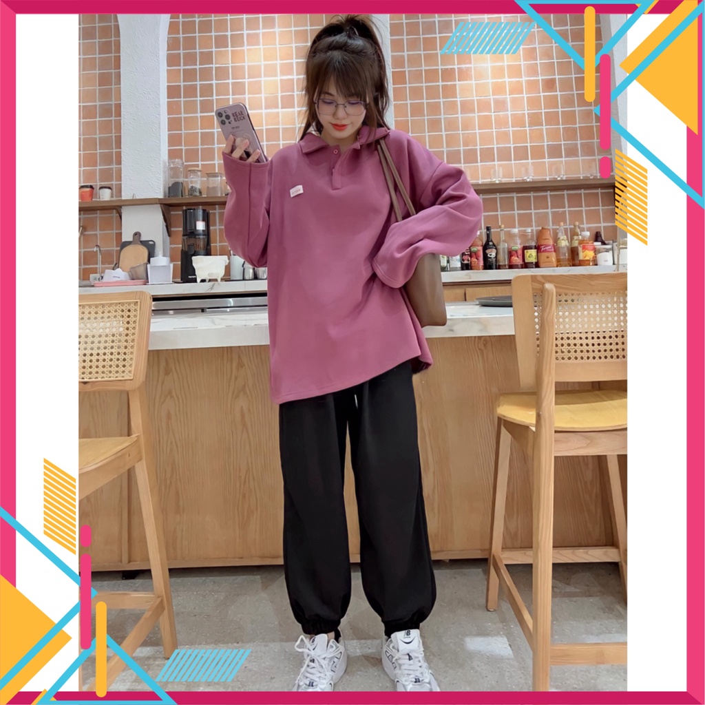 Áo giới tính Sweater Polo Nỉ Nữ tím ngắt Logo Ngực Cổ Cao - Áo Nỉ Dáng Thụng G0268