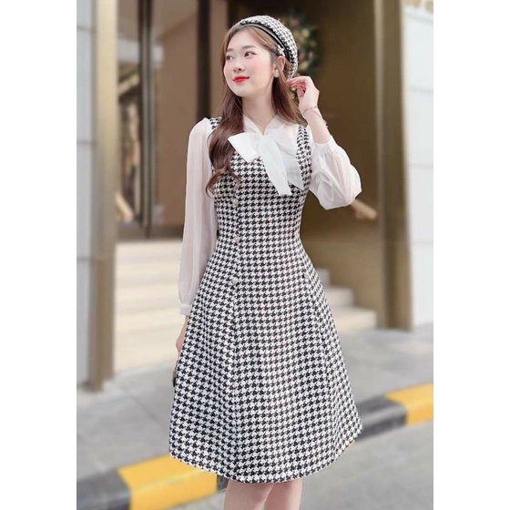 Váy thu đông nữ dạ ép kẻ caro tay voan cao cấp - XU XU SHOP - Đầm thiết kế nữ thắt nơ tiêu thư, dáng chữ A chuẩn đẹp
