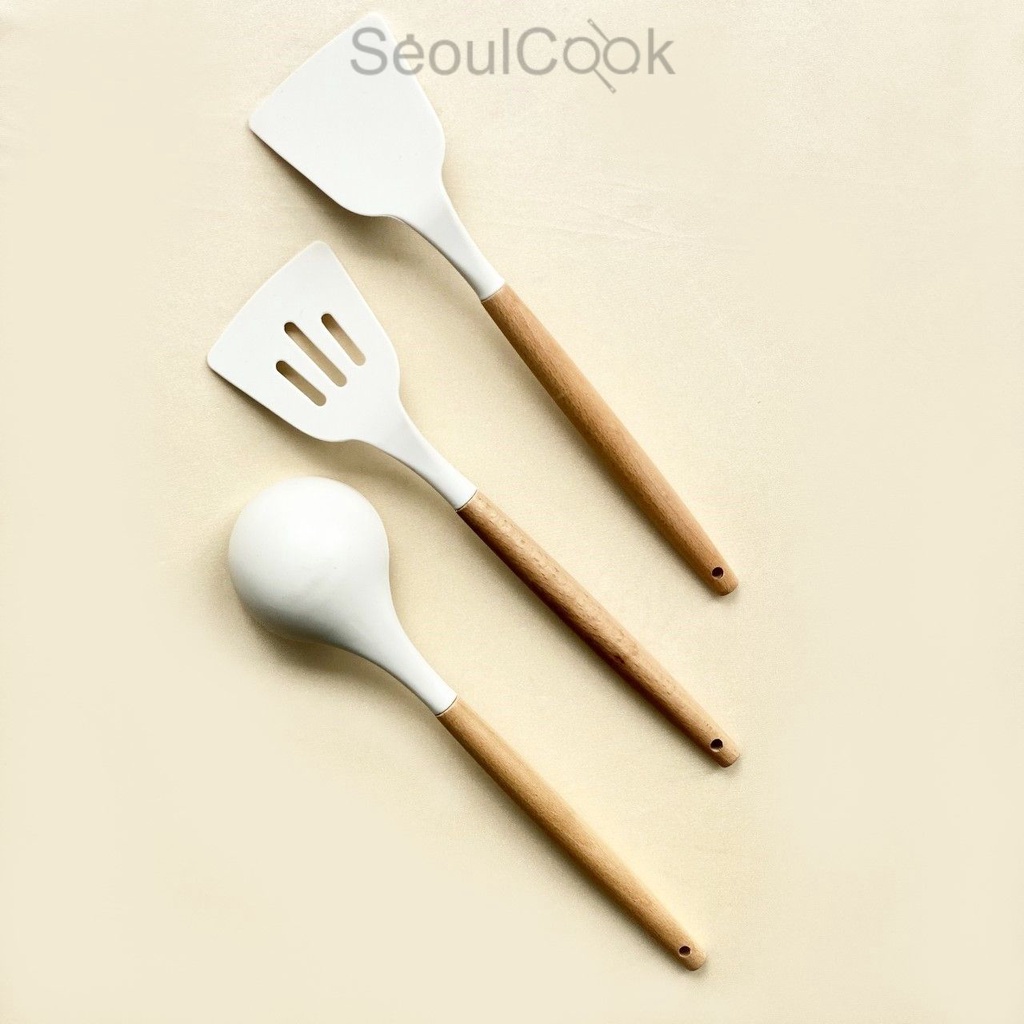 Hàng chính hãng - Vá/ Sạn/Xẻng có rãnh Seoulcook, chất liệu silicon cao cấp chịu nhiệt, cán gỗ chống dính