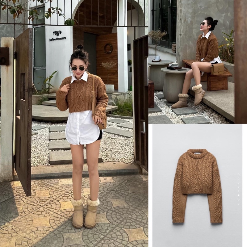 Áo Zara Áo len vặn thừng crop top nâu Zara xuất A152