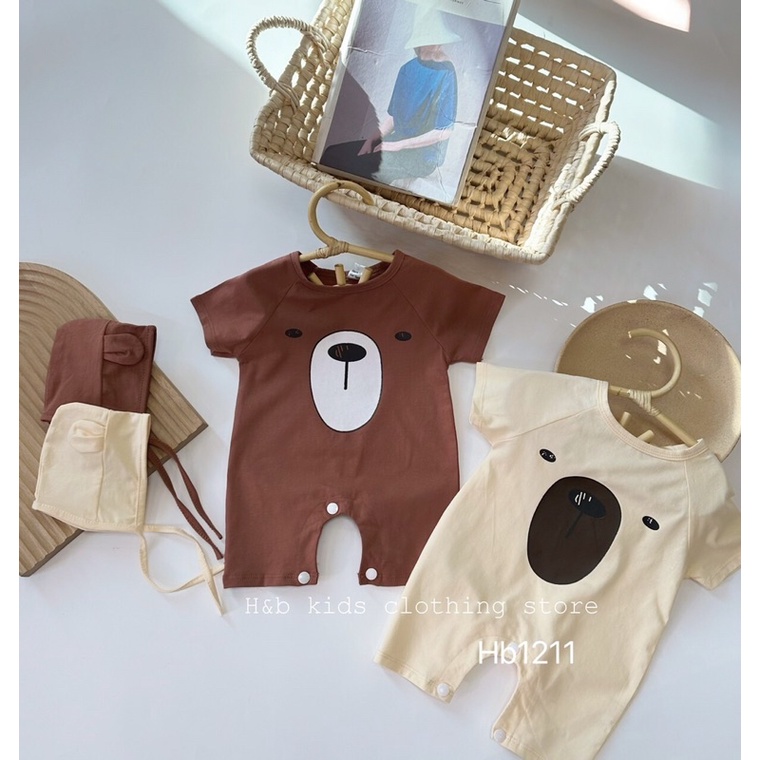 Set body mặt gấu kèm mũ đáng yêu cho bé từ 3-10kg, chất cotton tàu xịn mềm mịn thấm hút mồ hôi