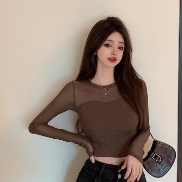 Áo Croptop Tay Dài Phối Lưới Form Ôm Phong Cách Quyến Rũ