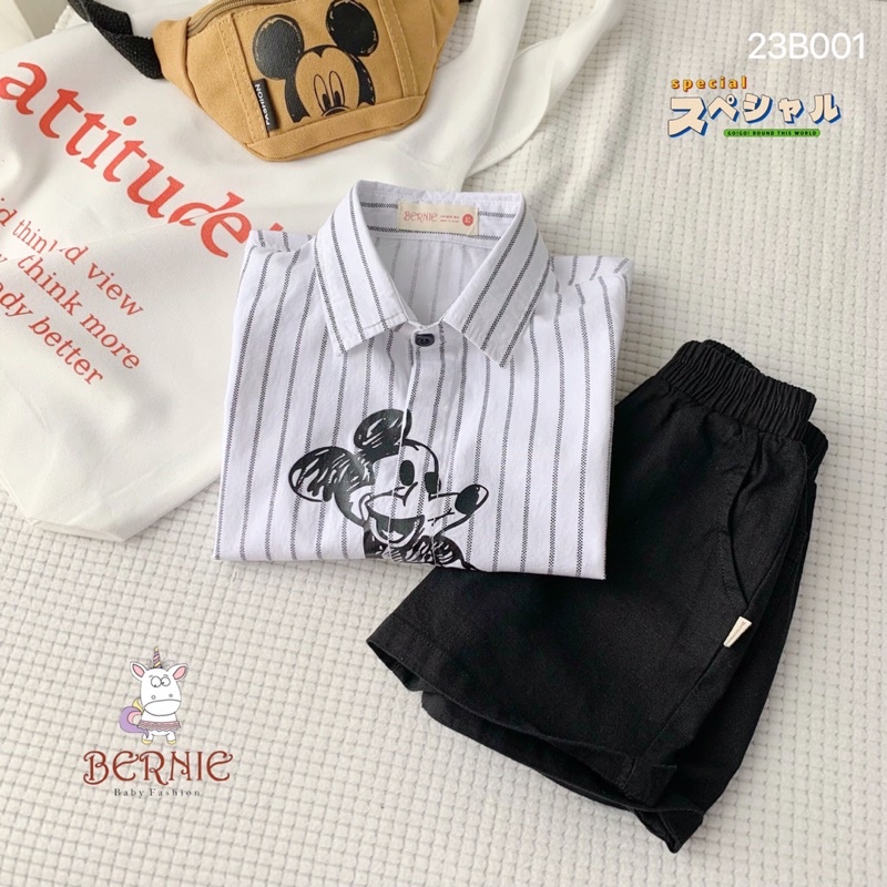 Bộ sơmi bé trai Bernie kẻ hoạ tiết Micky chất thô cho bé từ 8-22kg-23B001