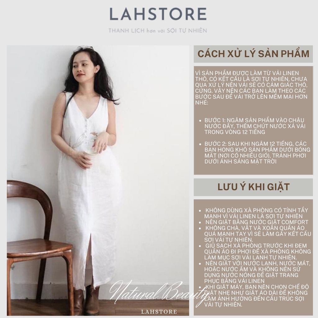 Đầm suông Linen Hàn 2 lớp thêu hoa LAHSTORE, Váy suông dáng dài sát nách cổ V - DSLTH05