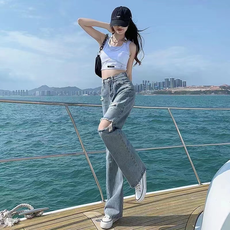 Quần jeans Rách Ống Rộng Lưng Cao Phong Cách Hàn Quốc Thời Trang Mùa Hè Dành Cho Nữ ssy44