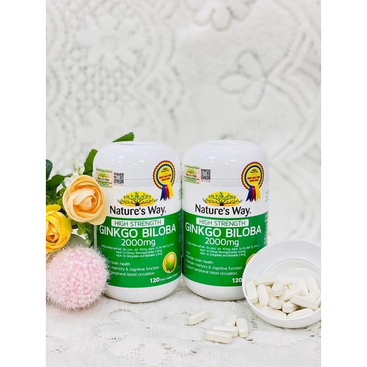 Viên Uống Tuần Hoàn Não Nature's Way High Strength Ginkgo Biloba Tăng Cường Trí Nhớ 2000mg - Hộp 120 viên