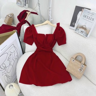 Đầm Váy Nhung Chéo Dây Eo Nơ Vai