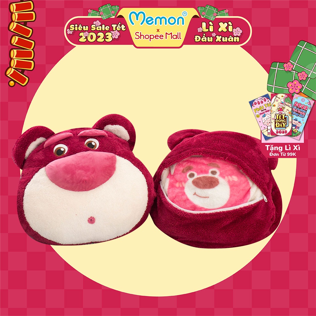 Gối Chăn Mền Lotso Huggin Bear Lông Xù 3 in 1 Có Ủ Tay Cao Cấp Memon
