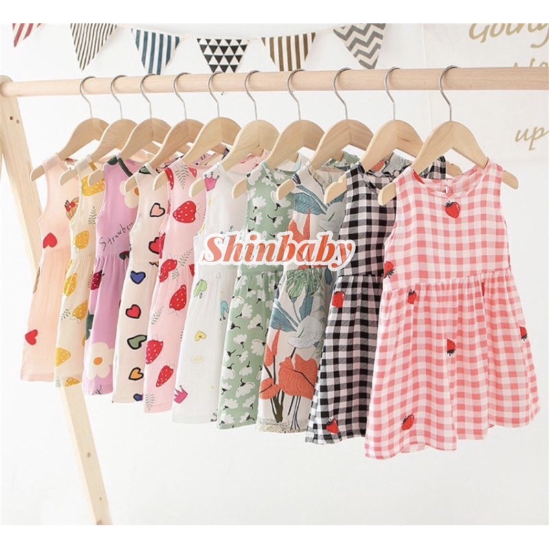 Váy đầm sát nách cotton xuất dư nhiều hoạ tiết đáng yêu cho bé gái