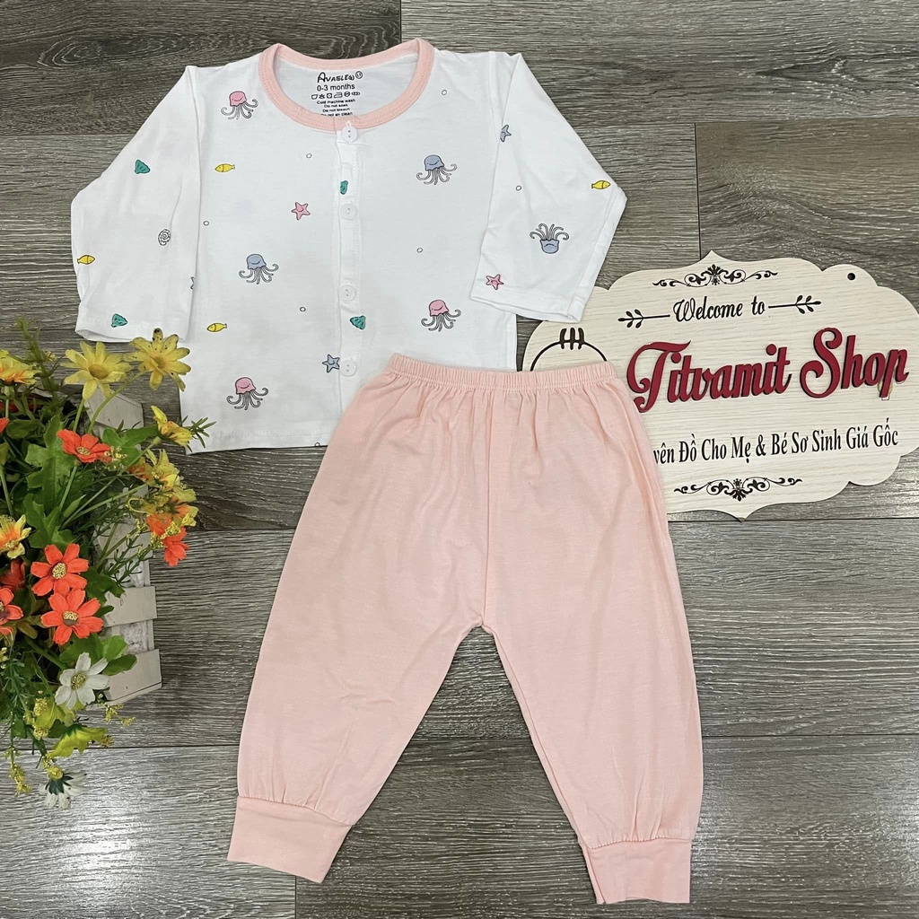 [Vải giãn 4 chiều] Bộ dài avalew cúc giữa áo trắng quần màu cho bé trai, bé gái