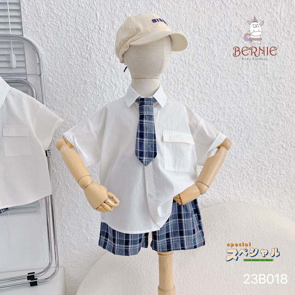 Set sơ mi cộc tay quần kẻ Bernie kèm cà vạt cho bé