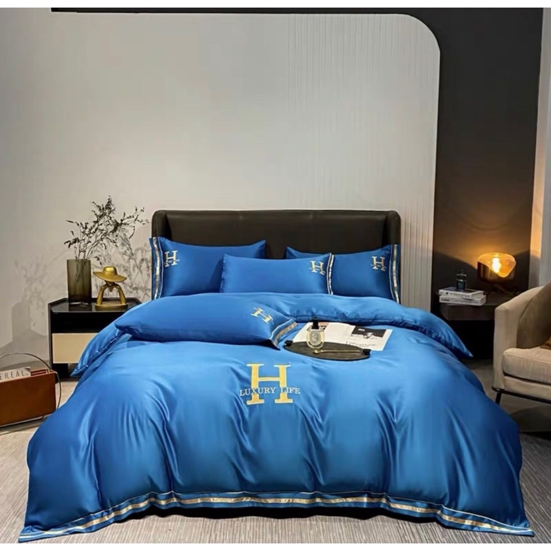 Bộ Chăn Ga Gối Lụa Thêu Chữ H LUXURY lIFE Siêu Cấp nhập khẩu