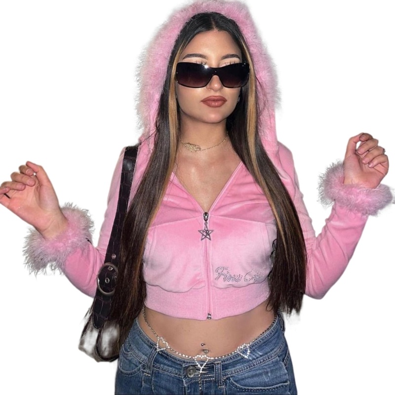 Xiangbao Áo Khoác Hoodie Mùa Thu Tay Dài Có Khóa Kéo Phối Lông Giả Đính Đá Giả Và Đá Giả Trang Trí Harajuku Cho Nữ