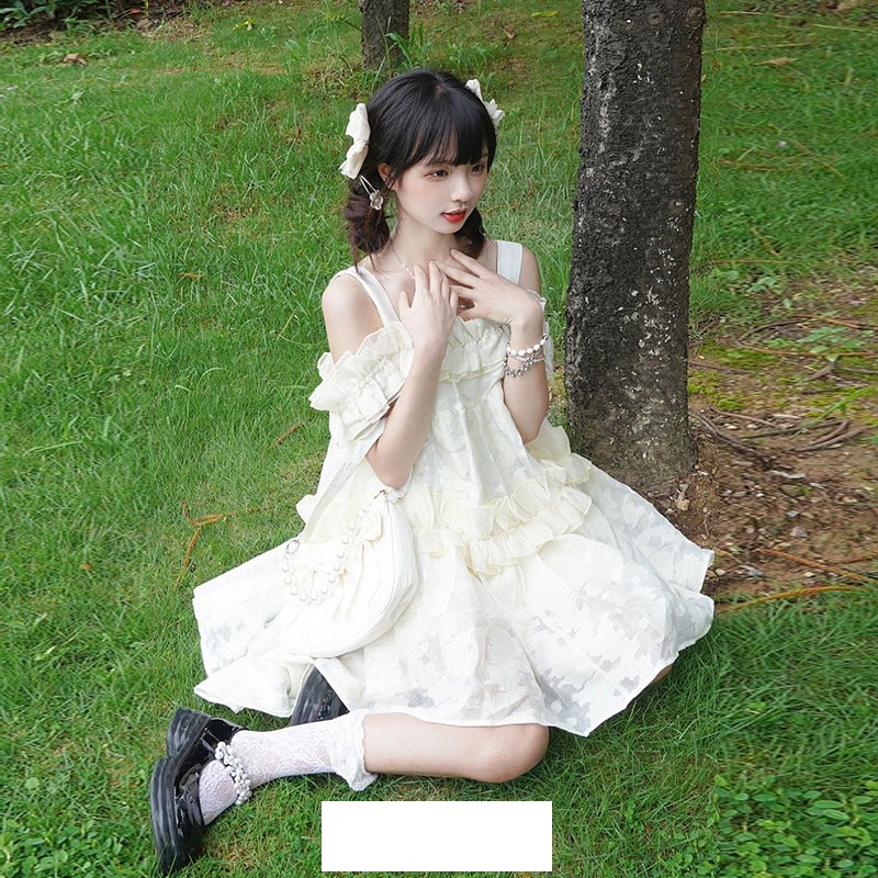 Đầm Trắng Công Chúa V042 2 tầng hở vai 2 dây dáng xòe Váy ngắn thiết kế trễ vai sang trọng Vintage Tiểu Thư