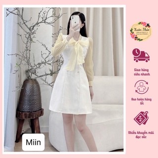 Váy dạ tweed nữ phối nơ cổ thiết kế sang chảnh,đầm dạ tweed tiểu thư tay tơ óng dự tiệc mã số a202