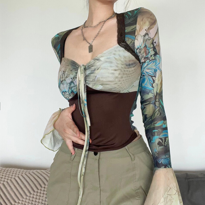 Weird Puss Áo thun dài tay nhuộm màu phong cách retro thời trang cho nữ