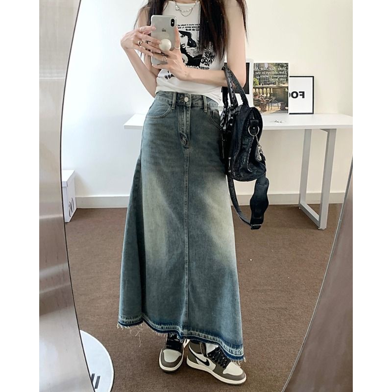 Chân váy jean Dáng Chữ A Lưng Cao Thời Trang Thu Đông 2023 Phong Cách Retro Mới