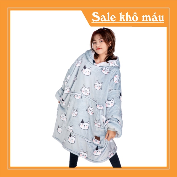 Áo chăn bông mùa đông form rộng thùng thình độc đáo siêu ấm áp cùng hoạ tiết mèo dễ thương màu bạc