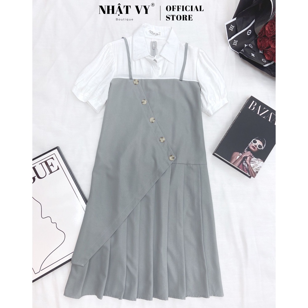 Đầm bigsize đi chơi Nhật Vy cổ sơ mi đính cúc tay phồng dáng suông dập ly chất lụa phù hợp dự tiệc công sở - D2628