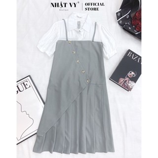  Đầm bigsize đi chơi Nhật Vy cổ sơ mi đính cúc tay phồng dáng suông dập ly chất lụa - D2628 