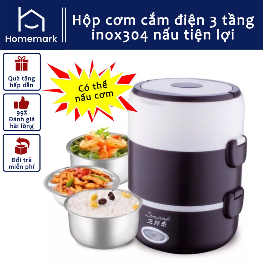 Hộp Cơm Cắm Điện 3 Tầng Ruột Inox 304, Cặp Lồng Cơm Cắm Điện Hâm Nóng Đồ Ăn Tiện Dụng