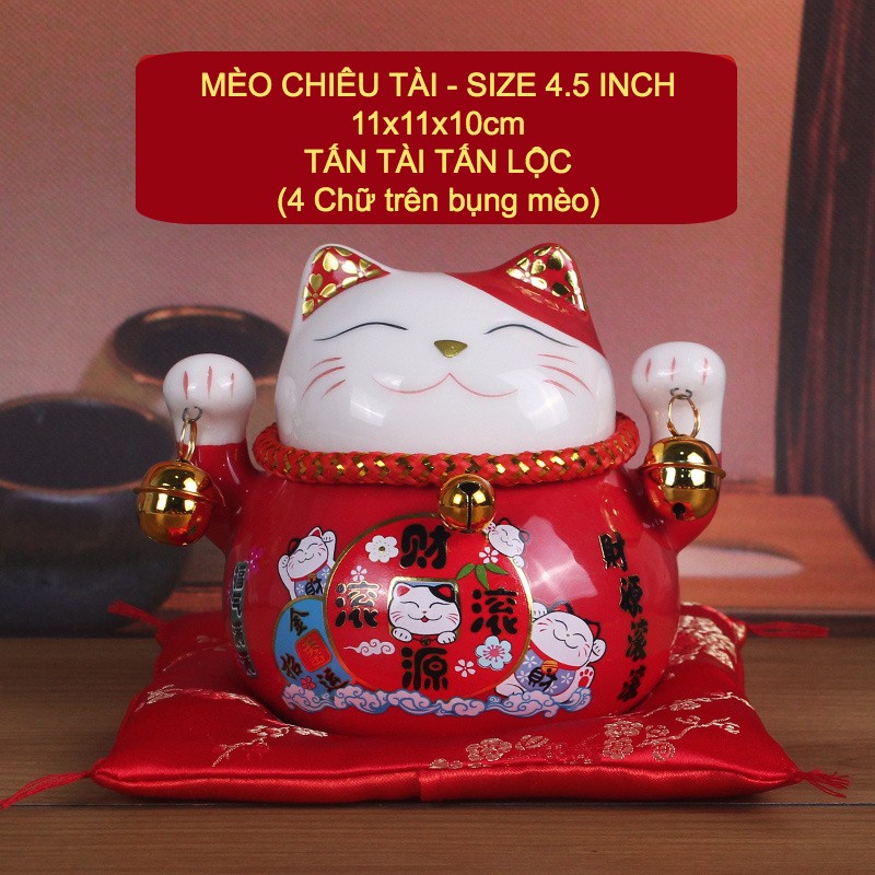 Mèo thần tài size 4.5 inch để bàn làm việc, chặn giấy, Mèo có kèm gối gấm + hộp quà tặng