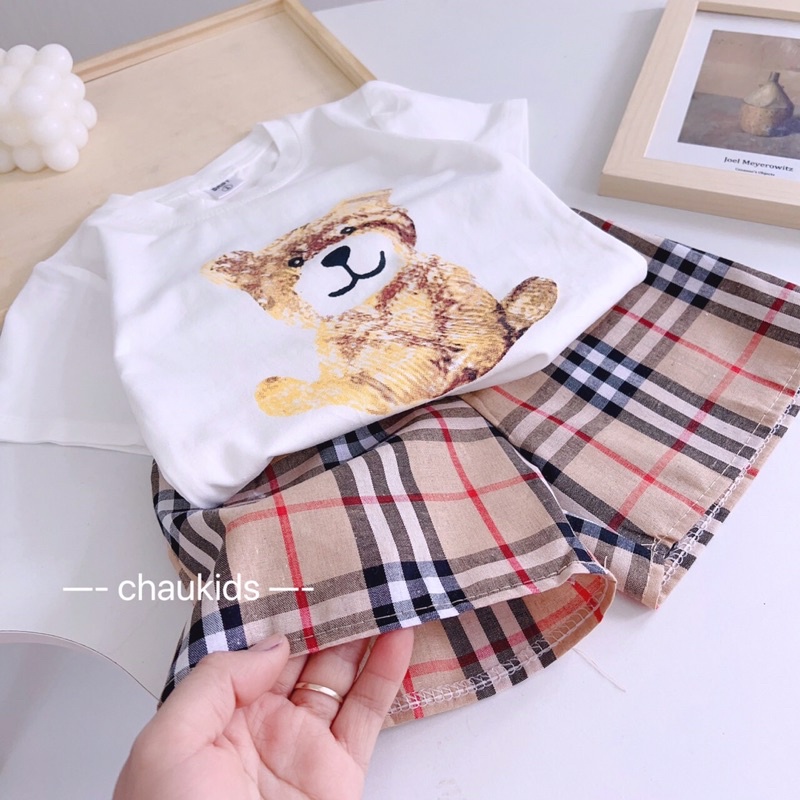 Đồ bộ bé trai bé gái cộc tay, set đồ bé trai bé gái áo thun quần caro