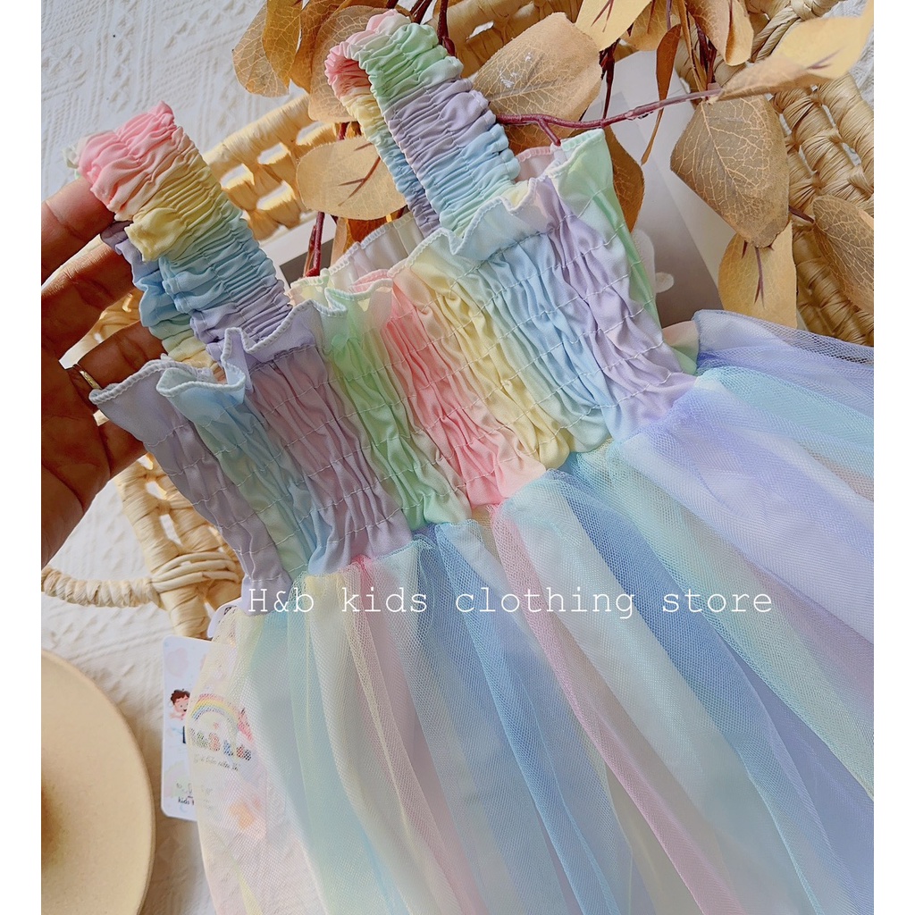 Váy 2 dây công chúa cầu vồng cực hot cho bé gái 8-20kg, váy cầu vồng hot tream 2023