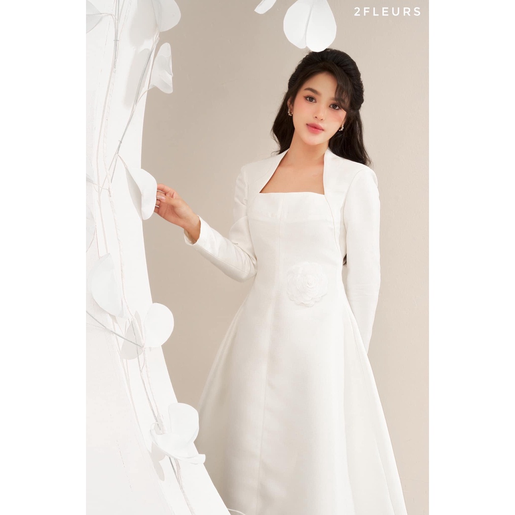 Đầm váy nữ trắng dự tiệc váy cổ vuông tay dài dáng xòe qua gối thời trang thiết kế sang trọng thanh lịch
