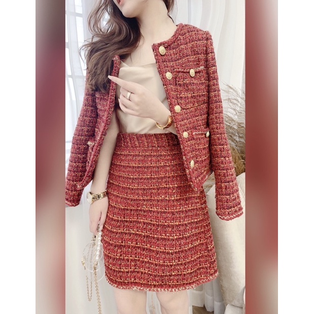 Set dạ tweed đỏ đô tách rời
