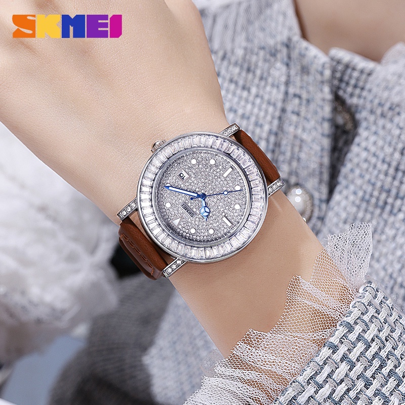 Đồng Hồ Quartz Nam Nữ Mặt Đính Hột Xoàn Dây Da SKMEI