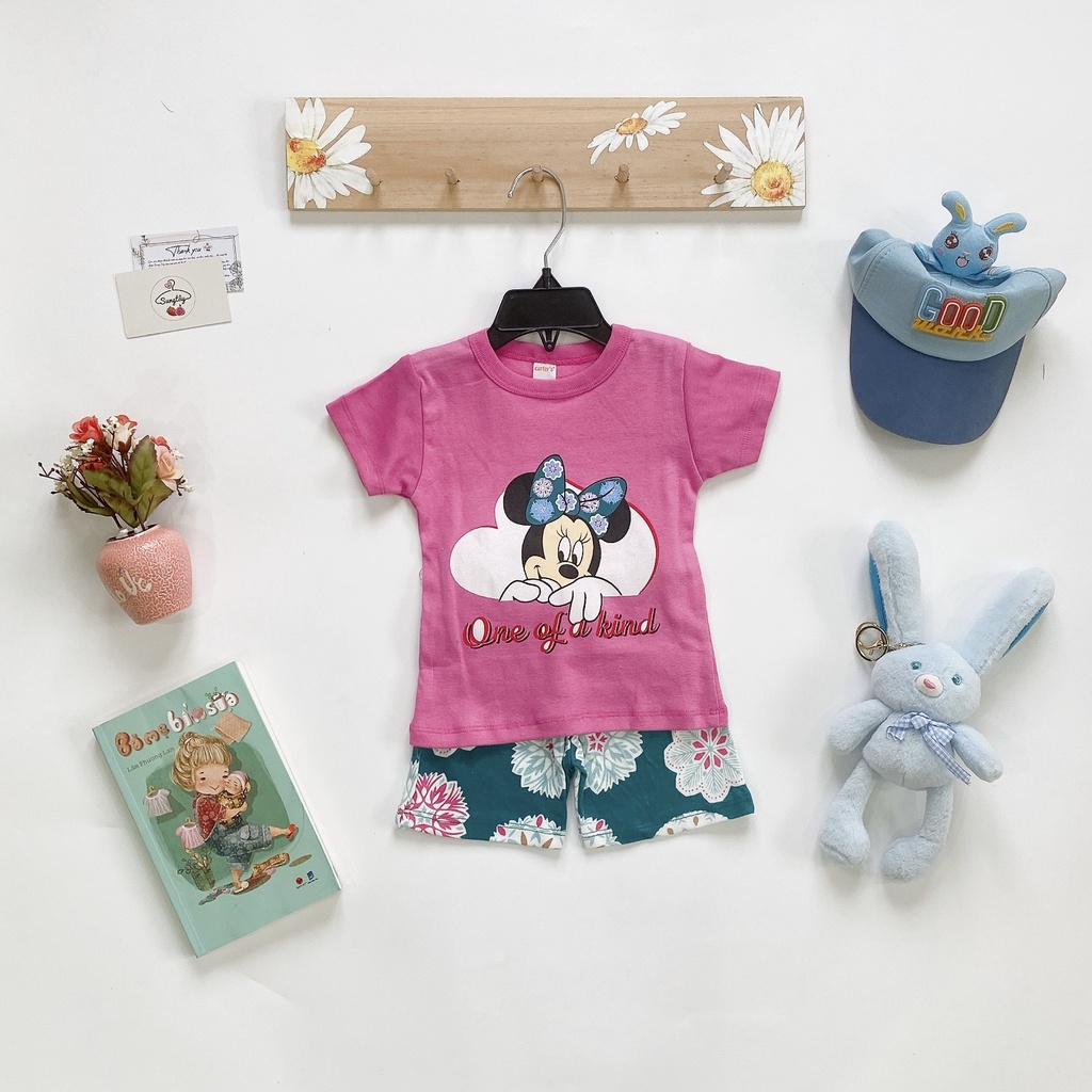 Bộ cộc tay, bộ hè bé gái Mikcey, Minie xuất dư 100% cotton bozip thoáng mát, thấm hút cho bé gái 8-22kg