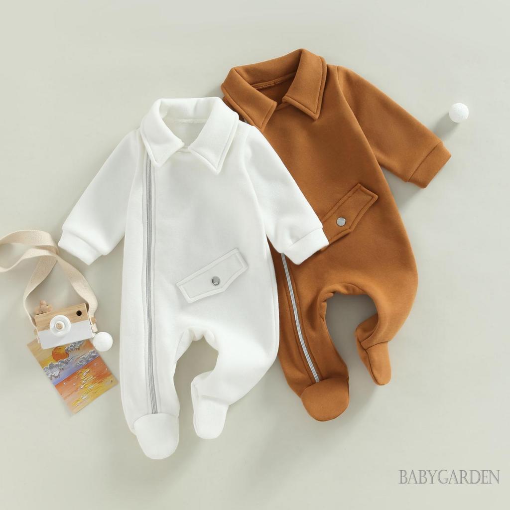 Bộ Áo Liền Quần Tay Dài Cổ Bẻ Có Khóa Kéo Màu Sắc Trơn Dành Cho Bé 0-18 Tháng Tuổi