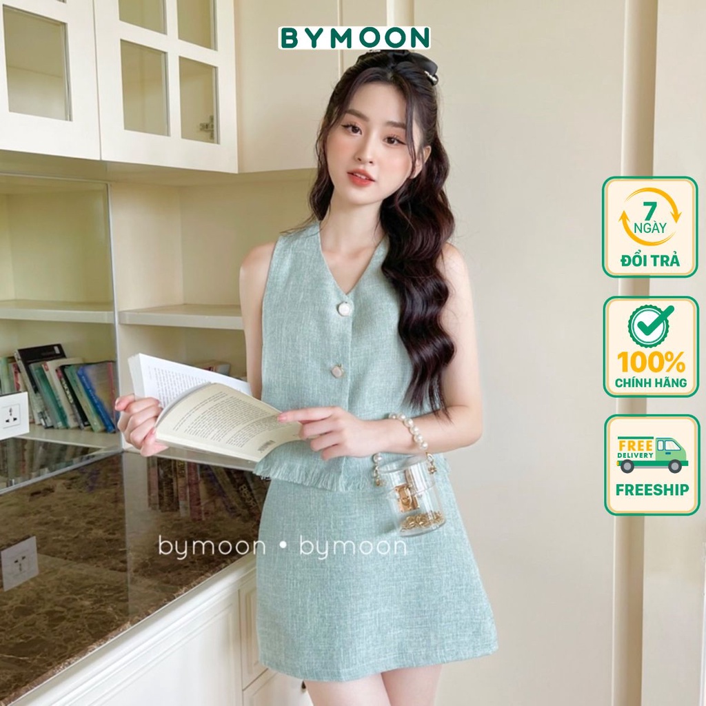 Set váy dạ tweed nữ sát nách kèm chân váy 2 lớp cúc ngọc chất dạ Hàn cao cấp thời trang thiết kế BY MOON ảnh thật S017