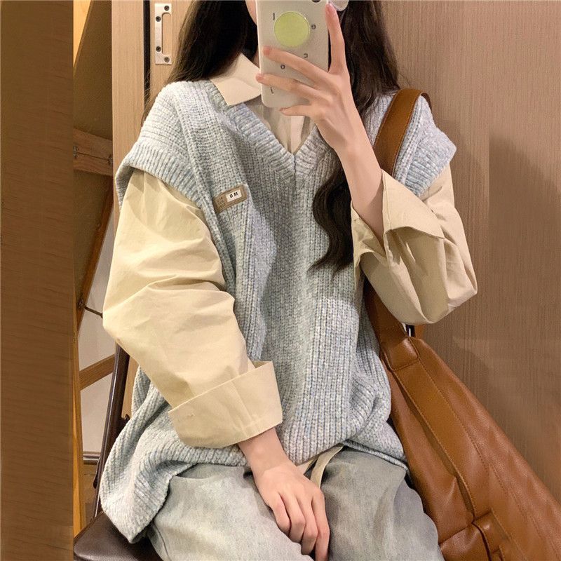 Áo Dệt Kim Sát Nách Cổ Chữ V Màu Xám Thời Trang Mùa Thu Cho Nữ Sinh