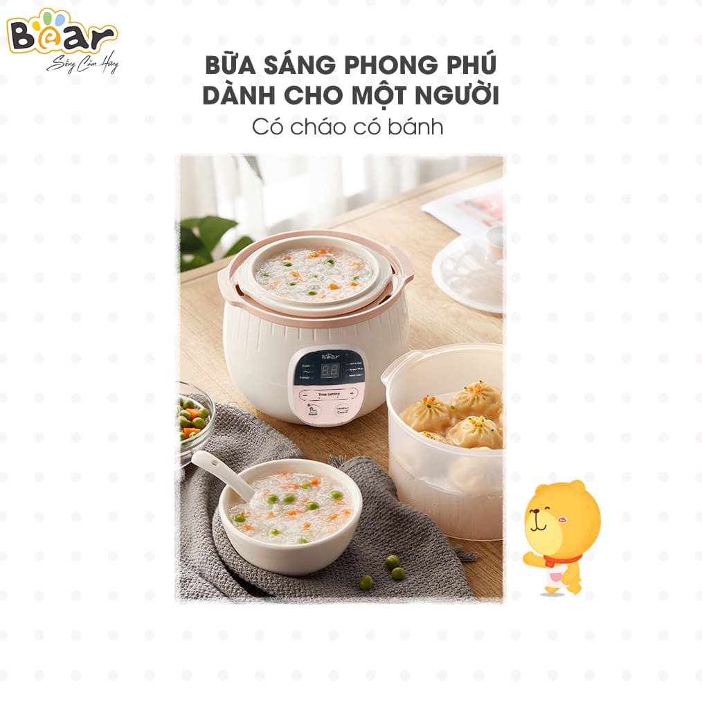 COMBO Nồi nấu cháo chậm cho bé 0.8L Bear SUB001 + Máy xay thực phẩm cho bé Bear QSJ-B02R1 600ml Chính hãng, BH 12 tháng